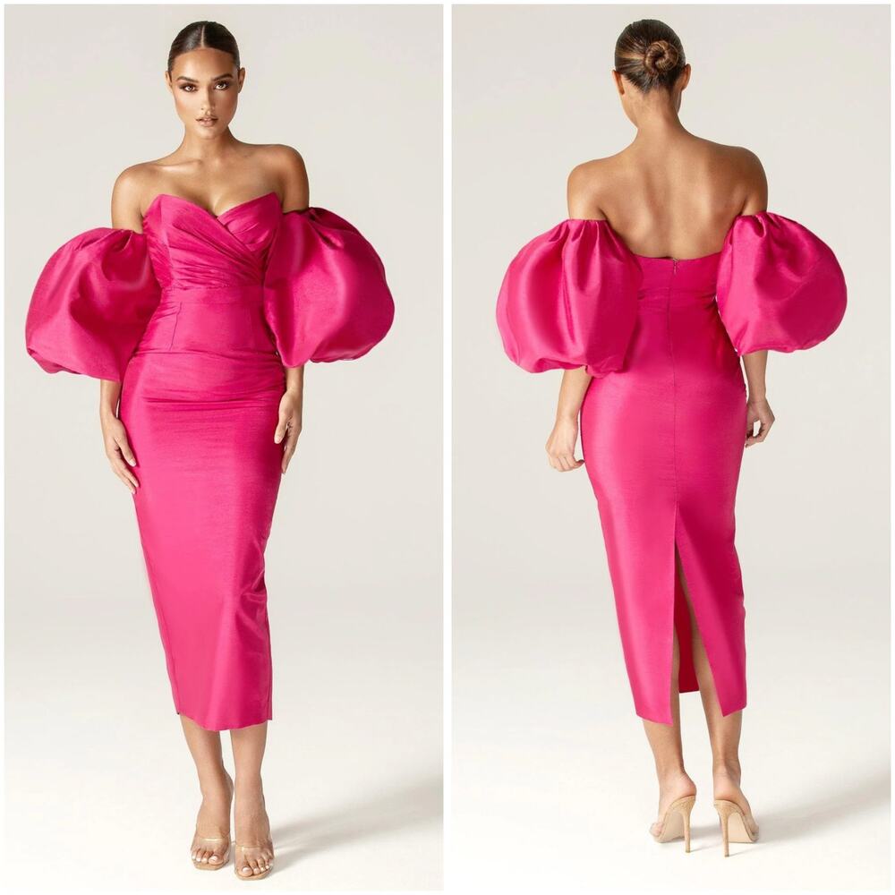 Alieva Pink Tiffany Dupioni Puff Sleeve Midi Dress XS NWT